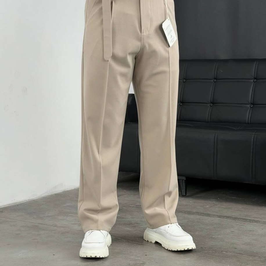 Erkek Kendinden Kemerli Krem Pantolon