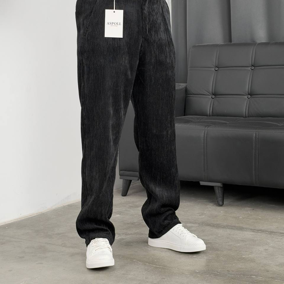 Erkek Siyah Dokuma Kadife Baggy Pantolon