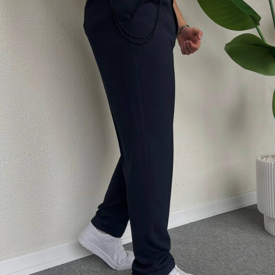 Erkek Lacivert Bel Lastikli Duble Paça Pantolon - İkinci Görünüm