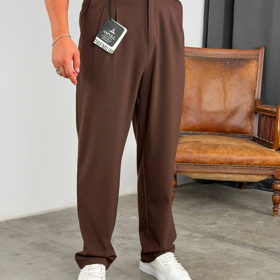 Erkek Kahve Pileli Baggy Pantolon