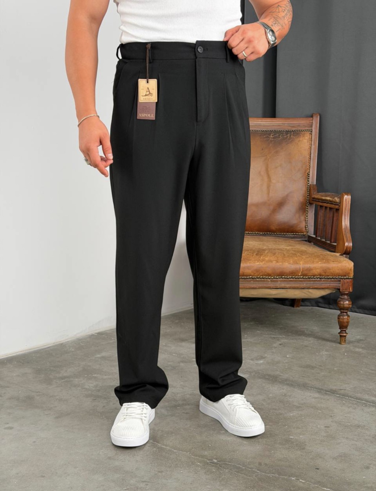 Erkek Pileli Siyah Baggy Pantolon
