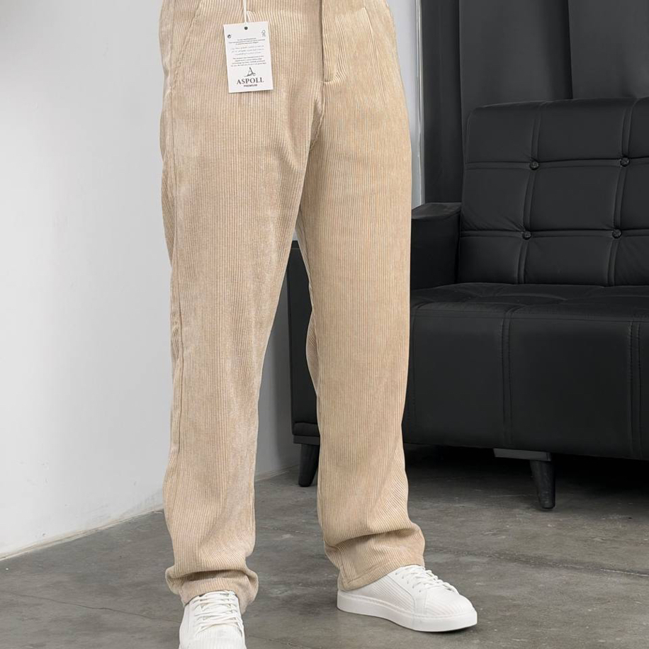 Erkek Dokuma Kadife Krem Baggy Pantolon